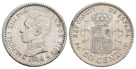 Alfonso XIII (1886-1931). 50 céntimos. 1904*1-0. Madrid. PCV. (Cal-62). Ag. 2,49 g. Restos de brillo original. EBC+. Est...18,00.