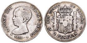 Alfonso XIII (1886-1931). 2 pesetas. 1889*_ _ - _ _. Madrid. MPM. (Cal-29). Ag. 9,89 g. Golpecitos. BC+/BC. Est...20,00.