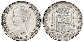 Alfonso XIII (1886-1931). 2 pesetas. 1892-18-92. Madrid. PGM. (Cal-32). Ag. 10,00 g. MBC+. Est...40,00.