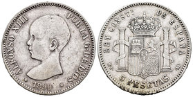 Alfonso XIII (1886-1931). 5 pesetas. 1890*_8-90. Madrid. MPM. (Cal-14 similar). Ag. 24,67 g. Falsa de época. BC+. Est...20,00.