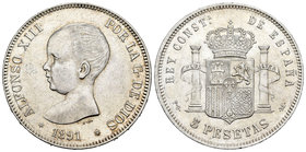 Alfonso XIII (1886-1931). 5 pesetas. 1891*18-91. Madrid. PGM. (Cal-17). Ag. 25,00 g. Parte de brillo original. EBC/EBC+. Est...90,00.