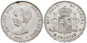 Alfonso XIII (1886-1931). 5 pesetas. 1891*18-91. Madrid. PGM. (Cal-17). Ag. 25,02 g. MBC+. Est...30,00.