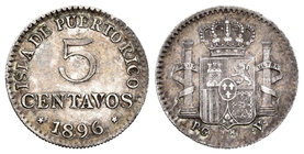 Alfonso XIII (1886-1931). 5 centavos. 1896. Puerto Rico. PGV. (Cal-86). Ag. 1,27 g. MBC+/MBC. Est...50,00.