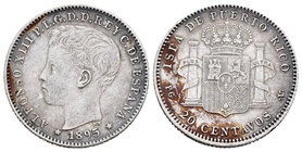 Alfonso XIII (1886-1931). 20 centavos. 1895. Puerto Rico. PGV. (Cal-84). Ag. 4,98 g. Restos de óxido. Escasa. MBC+. Est...140,00.