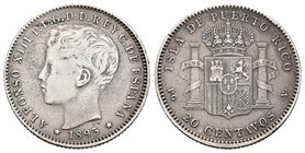 Alfonso XIII (1886-1931). 20 centavos. 1895. Puerto Rico. PGV. (Cal-84). Ag. 4,98 g. Anverso limpiado. Escasa. BC+/MBC. Est...60,00.