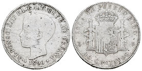 Alfonso XIII (1886-1931). 40 centavos. 1896. Puerto Rico. PGV. (Cal-83). Ag. 9,76 g. Muy escasa. BC+/BC. Est...160,00.