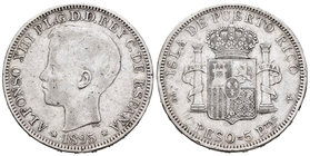 Alfonso XIII (1886-1931). 1 peso. 1895. Puerto Rico. PGV. (Cal-82). Ag. 24,72 g. Golpes en el canto. Rara. MBC-. Est...300,00.