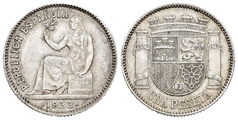 II República (1931-1939). 1 peseta. 1933*3-4. Madrid. (Cal-1). Ag. 5,00 g. EBC-....