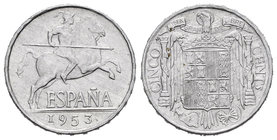 Estado Español (1936-1975). 5 céntimos. 1953. Madrid. (Cal-136). 1,19 g. PLVS. Brillo original. SC. Est...40,00.
