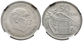 Estado Español (1936-1975). 50 pesetas. 1957*71. Madrid. (Cal-24). Cu-Ni. Encapsulada por Nn-coins como MS 62. Proviene de tira FNMT. Est...30,00.