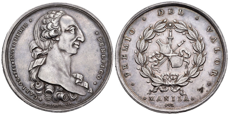 Carlos III (1759-1788). Medalla. 1785. Manila. (Basso-703). Ag. 39,15 g. Premio ...