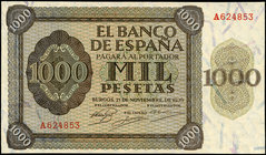 1000 pesetas. 1936. Burgos. (Ed 2017-423). 21 de Noviembre, Alcázar de Toledo. Serie A. Leve doblez. EBC. Est...350,00.