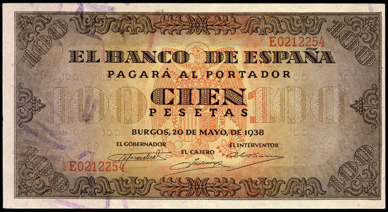 100 pesetas. 1938. Burgos. (Ed 2017-432a). 20 de mayo, por Gieseche y Devrient. ...