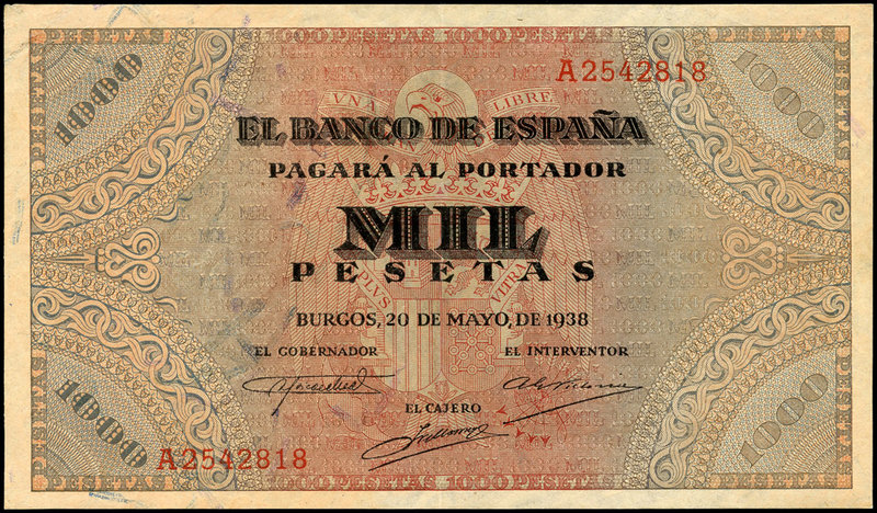 1000 pesetas. 1938. Burgos. (Ed 2017-434). 20 de mayo, cuadro "Defensa del púlpi...