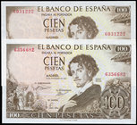 100 pesetas. 1965. Madrid. (Ed 2017-470). 19 de noviembre, Gustavo Adolfo Béquer. Sin serie. Lote de 2 billetes. SC. Est...40,00.