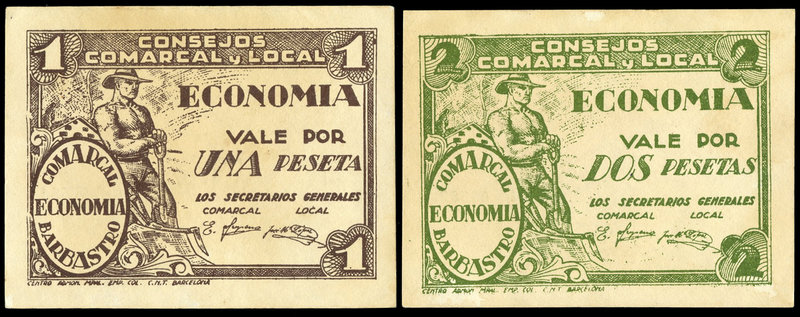 Barbastro. 1 y 2 pesetas. (Montaner-232d, e). Con sellos tampón y numeración al ...