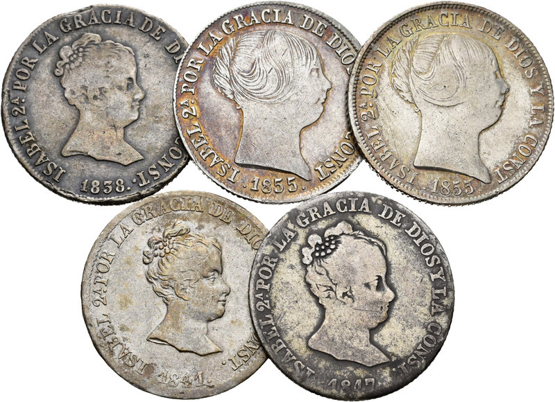 Lote de 5 monedas de 4 reales de Isabel II, 2 de Barcelona (1841, 1847), 1 de Ma...