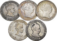 Lote de 5 monedas de 4 reales de Isabel II, 2 de Barcelona (1841, 1847), 1 de Madrid (1855), 2 de Sevilla (1838, 1855). A EXAMINAR. BC/MBC. Est...120,...