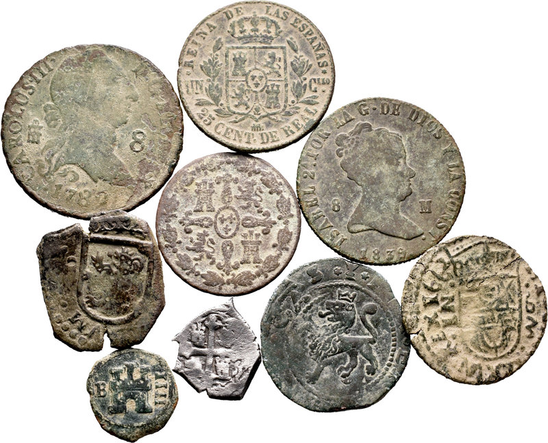 Lote de 9 monedas diferentes de la Monarquía Española, incluye un medio real mac...