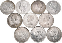 Lote de 10 monedas de plata de 5 pesetas, 1870, 1871, 1875, 1878, 1882, 1884, 1885, 1888, 1890 y 1891. Casi todas las estrellas visibles. A EXAMINAR. ...