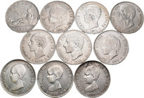 Lote de 10 monedas de plata de 5 pesetas, 1870, 1871, 1875, 1878, 1885, 1888, 1890, 1891, 1892 y 1894. Casi todas las estrellas visibles. A EXAMINAR. ...