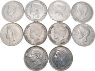 Lote de 10 monedas de plata de 5 pesetas, 1871, 1885, 1892, 1894, 1896, 1897 y 1898 (4). En su gran mayoría estrellas visibles. A EXAMINAR. MBC-/MBC. ...