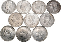 Lote de 10 monedas de plata de 5 pesetas, 1871 (3), 1885 (2), 1892 (2) y 1898 (3). Algunas estrellas visibles. A EXAMINAR. MBC-/MBC. Est...120,00.