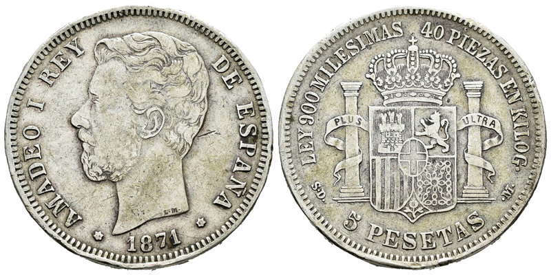 Amadeo I (1871-1873). 5 pesetas. 1871*18-81. SDM. (Vti-no cita). Ag. 25,52 g. Go...