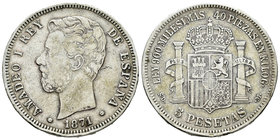 Amadeo I (1871-1873). 5 pesetas. 1871*18-81. SDM. (Vti-no cita). Ag. 25,52 g. Golpecito en el canto. Muy rara. MBC+. Est...100,00.