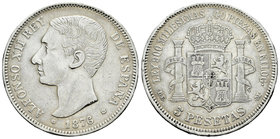 Alfonso XII (1874-1885). 5 pesetas. 1876*18-76. Madrid. D/EMM. (Vti-105F variante). Ag. 24,34 g. 26-29 barras en escudete. Rara. MBC+. Est...65,00.