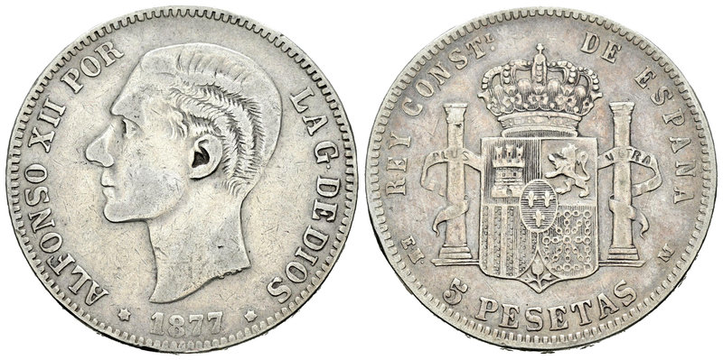 Alfonso XII (1874-1885). 5 pesetas. 1877*_ _-_ _. Madrid. EMM. (Vti-106Fb). Ag. ...