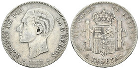 Alfonso XII (1874-1885). 5 pesetas. 1877*_ _-_ _. Madrid. EMM. (Vti-106Fb). Ag. 24,37 g. No coincidente. Muy rara. MBC. Est...50,00.