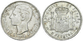 Alfonso XII (1874-1885). 5 pesetas. 1878*18-78. Madrid. DEM. (Vti-107F). Ag. 24,32 g. F de Alfonso "larga". 23 barras en escudete. Buen ejemplar. Esca...