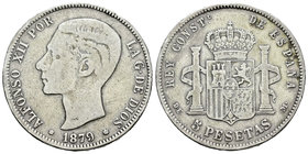 Alfonso XII (1874-1885). 5 pesetas. 1879*18-79. Madrid. DEM. (Vti-109Fe). Ag. No coincidente. 19 barras en escudete. Rara. MBC. Est...65,00.