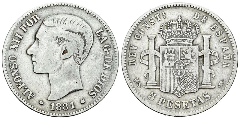 Alfonso XII (1874-1885). 5 pesetas. 1881*18-_ _. Madrid. MSM. (Vti-110F). Ag. 23...
