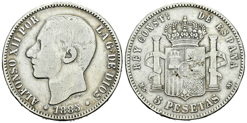 Alfonso XII (1874-1885). 5 pesetas. 1885*_8-_ _. Madrid. MSM. (Vti-115F). Ag. 24...