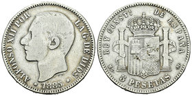 Alfonso XII (1874-1885). 5 pesetas. 1885*_8-_ _. Madrid. MSM. (Vti-115F). Ag. 24,85 g. Coincidente. 22 barras en el escudete. BC+/MBC-. Est...15,00.