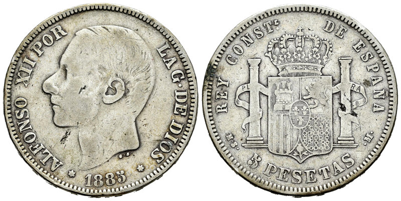 Alfonso XII (1874-1885). 5 pesetas. 1885*_ _-_ _. Madrid. MSM. (Vti-115F). Ag. 2...