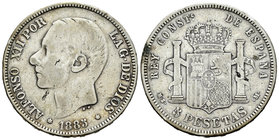 Alfonso XII (1874-1885). 5 pesetas. 1885*_ _-_ _. Madrid. MSM. (Vti-115F). Ag. 25,34 g. Coincidente. 22 barras en el escudete. MBC-. Est...15,00.