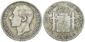 Alfonso XII (1874-1885). 5 pesetas. 1885*_ _-_ _. Madrid. MSM. (Vti-115F). Ag. 23,53 g. Coincidente. 22 barras en el escudete. MBC-. Est...15,00.
