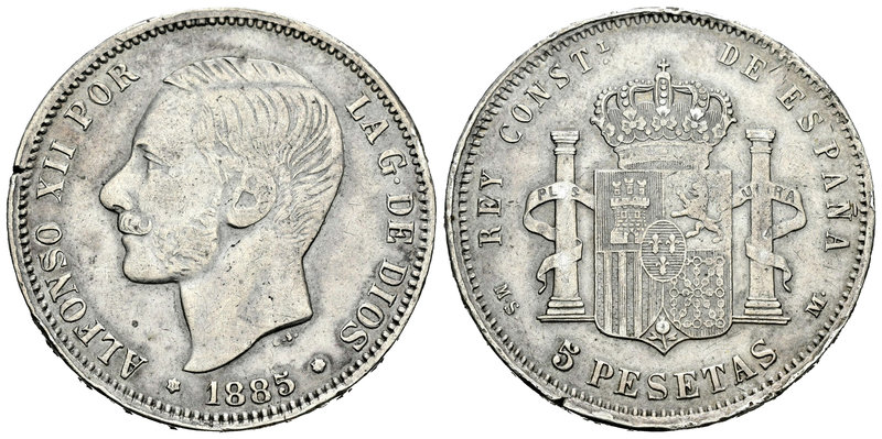 Alfonso XII (1874-1885). 5 pesetas. 1885*18-_ _. Madrid. MSM. (Vti-115Fc). Ag. 2...