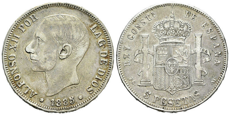 Alfonso XII (1874-1885). 5 pesetas. 1885*1_-_5. Madrid. PGM. (Vti-115Fd). Ag. 24...