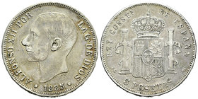 Alfonso XII (1874-1885). 5 pesetas. 1885*1_-_5. Madrid. PGM. (Vti-115Fd). Ag. 24,62 g. No coincidente. 22 barras en escudete. MBC. Est...25,00.