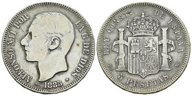 Alfonso XII (1874-1885). 5 pesetas. 1885*18-81. Madrid. PGM. (Vti-115Fd). Ag. 24,12 g. No coincidente. 22 barras en escudete. MBC-. Est...15,00.