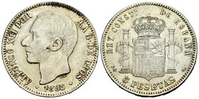 Alfonso XII (1874-1885). 5 pesetas. 1885*18-_ _. Madrid. PGL. (Vti-115Fi variante). Ag. 24,64 g. No coincidente. 22 barras en escudete. L (del ensayad...