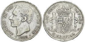 Alfonso XII (1874-1885). 5 pesetas. 1885*18-87. Madrid. MSM. (Vti-117F). Ag. 23,94 g. Coincidente. 23 barras en escudete. MBC-. Est...20,00.