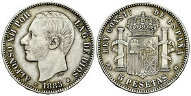 Alfonso XII (1874-1885). 5 pesetas. 1885*18-87. Madrid. MSM. (Vti-117F). Ag. 25,38 g. Coincidente. 23 barras en escudete. MBC+/EBC-. Est...35,00.