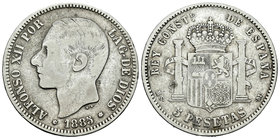 Alfonso XII (1874-1885). 5 pesetas. 1885. Madrid. MSM. (Vti-117F). Ag. 23,85 g. Coincidente. 21 barras en escudete. MBC. Est...20,00.