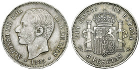 Alfonso XII (1874-1885). 5 pesetas. 1885*18-97. Madrid. MSM. (Vti-117 variante). Ag. 25,25 g. Coincidente en ensayadores, pero no en estrella derecha....