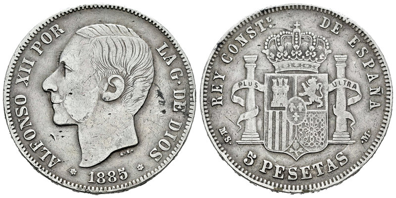 Alfonso XII (1874-1885). 5 pesetas. 1885*18-87. Madrid. MSM. (Vti-117F). Ag. 24,...
